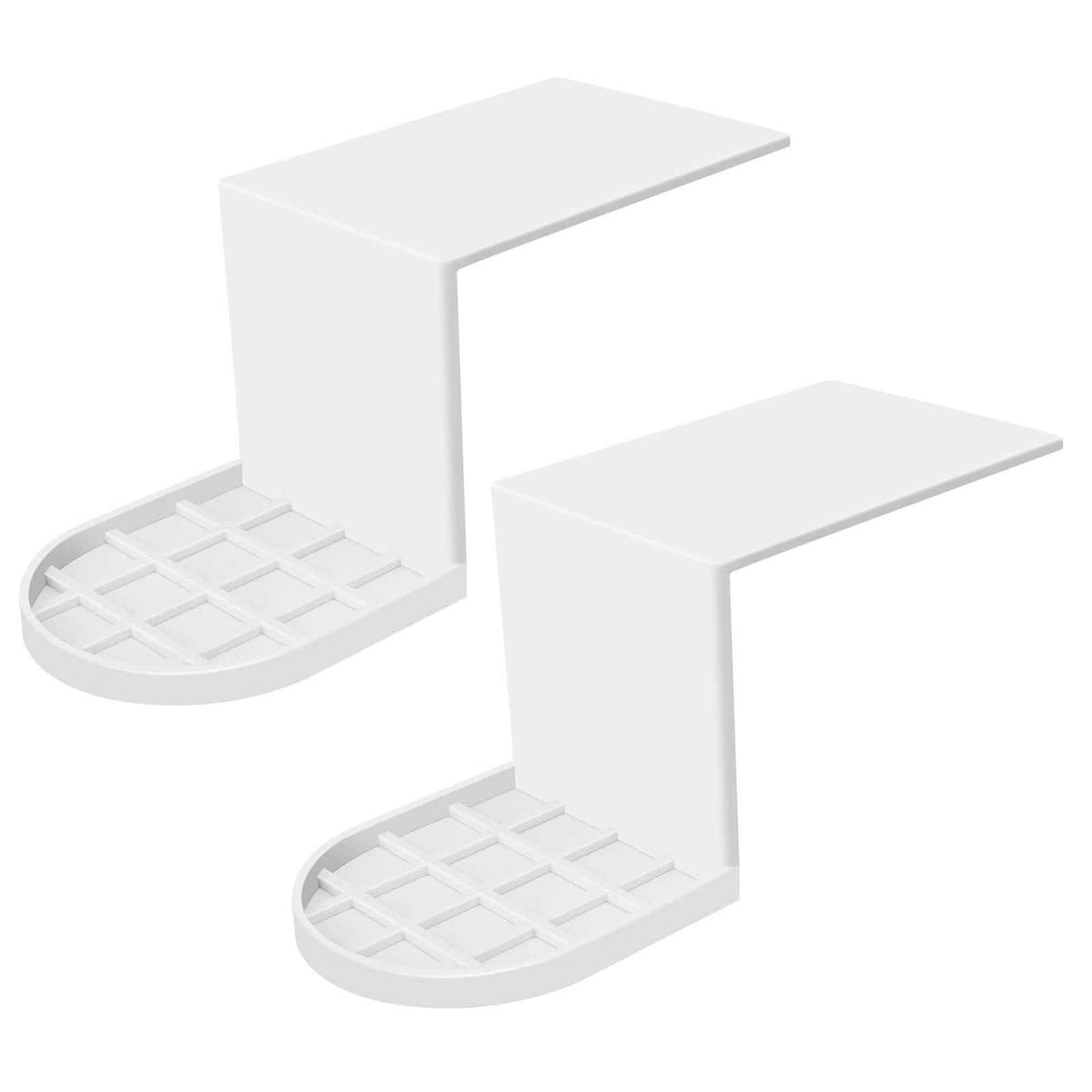 Laundry Detergent Holder in white plastic, shown as two shelf-mounted drip trays with raised grid-pattern cup platforms