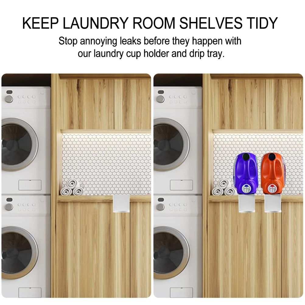 Laundry Detergent Holder set with two white plastic drip trays shown beneath colorful detergent bottles on a shelf
