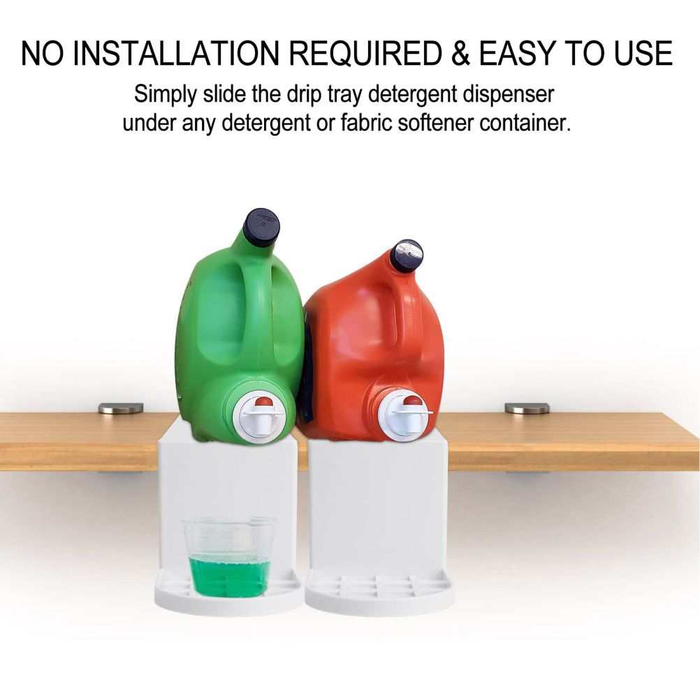 Laundry Detergent Holder pair of white plastic drip trays beneath green and red detergent dispensers, with cup platforms