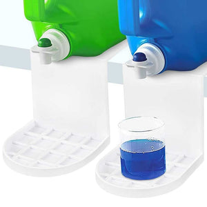 Laundry Detergent Holder in white plastic with a raised back and slotted drip-catching tray beneath colorful detergent dispensers
