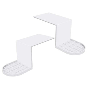 Laundry Detergent Holder in white plastic, with two stepped shelves and rounded grid-patterned drip-catching trays