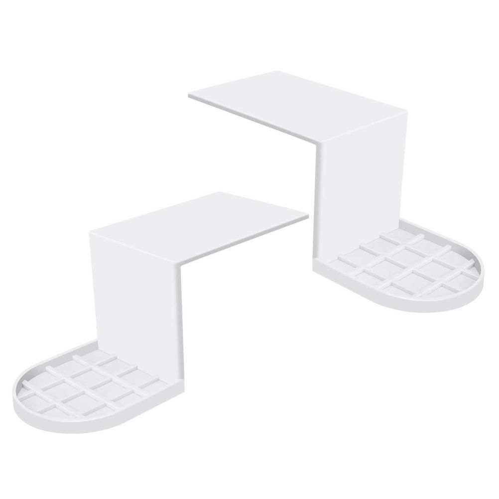 Laundry Detergent Holder in white plastic, with two stepped shelves and rounded grid-patterned drip-catching trays