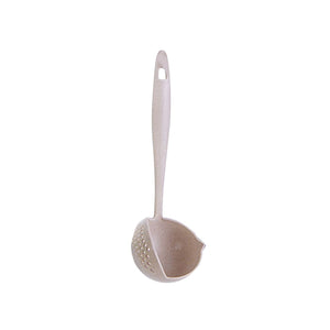 Long Handle Colander spoon in beige wheat straw PP, with a perforated scoop bowl and an integrated hanging hole.