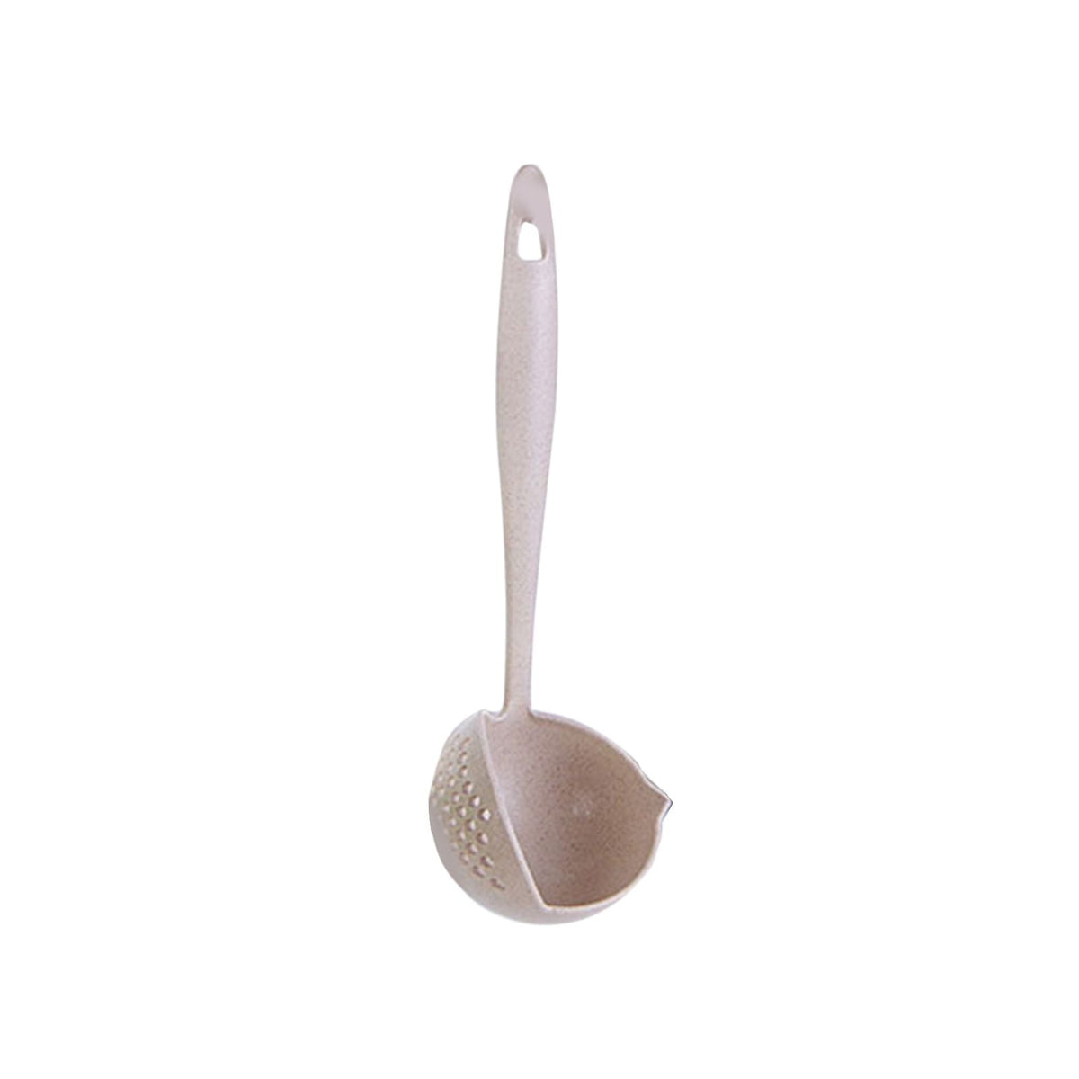 Long Handle Colander spoon in beige wheat straw PP, with a perforated scoop bowl and an integrated hanging hole.