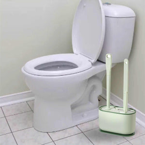 Long Handle Toilet Brush Set with pale green plastic holder and two slim handled brushes with rounded heads