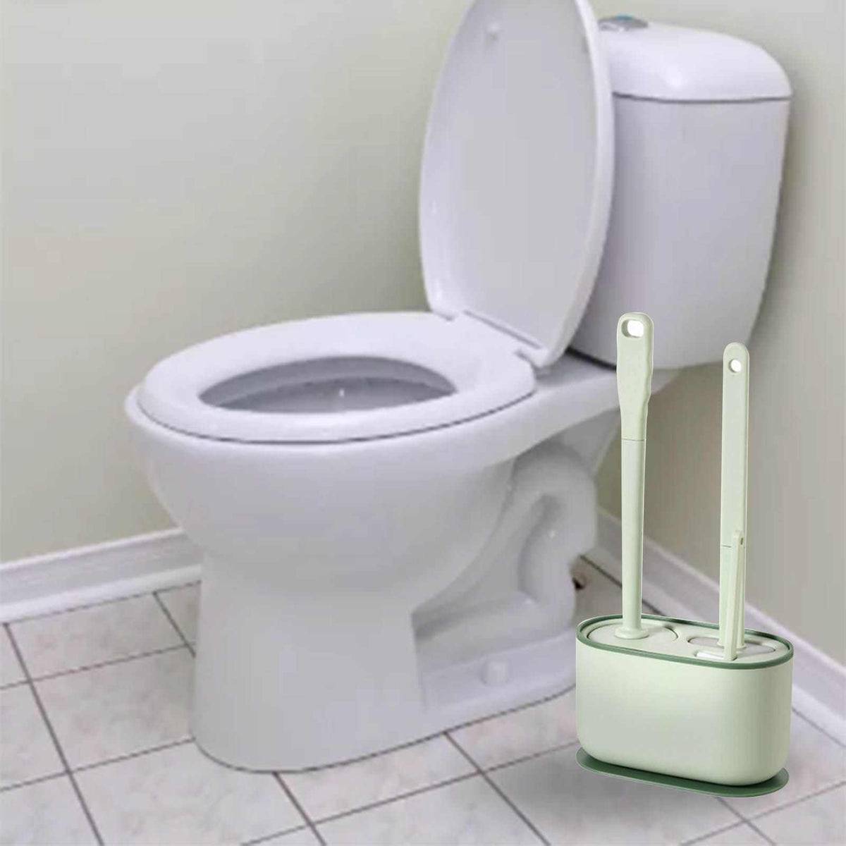 Long Handle Toilet Brush Set with pale green plastic holder and two slim handled brushes with rounded heads