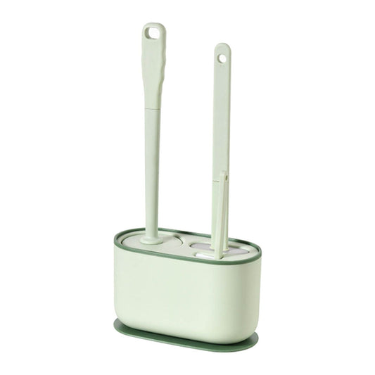 Long Handle Toilet Brush Set in pale green plastic with a rounded holder and two long-handled brushes.