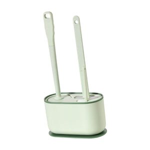 Long Handle Toilet Brush Set in pale green plastic with an oval holder, two slim handles and matching brush heads