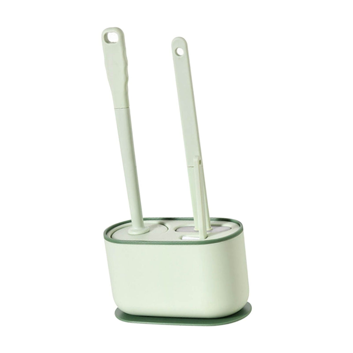 Long Handle Toilet Brush Set in pale green plastic with an oval holder, two slim handles and matching brush heads