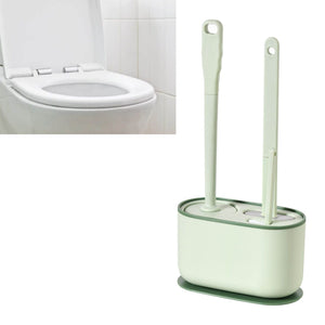 Long Handle Toilet Brush Set in pale green plastic with two upright handles stored in a matching oval holder
