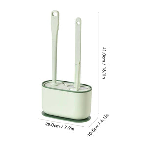 Long Handle Toilet Brush Set in pale green plastic, with two upright brushes in a matching oval holder