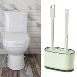 Long Handle Toilet Brush Set in pale green plastic, with rounded ventilated holder and two upright brushes