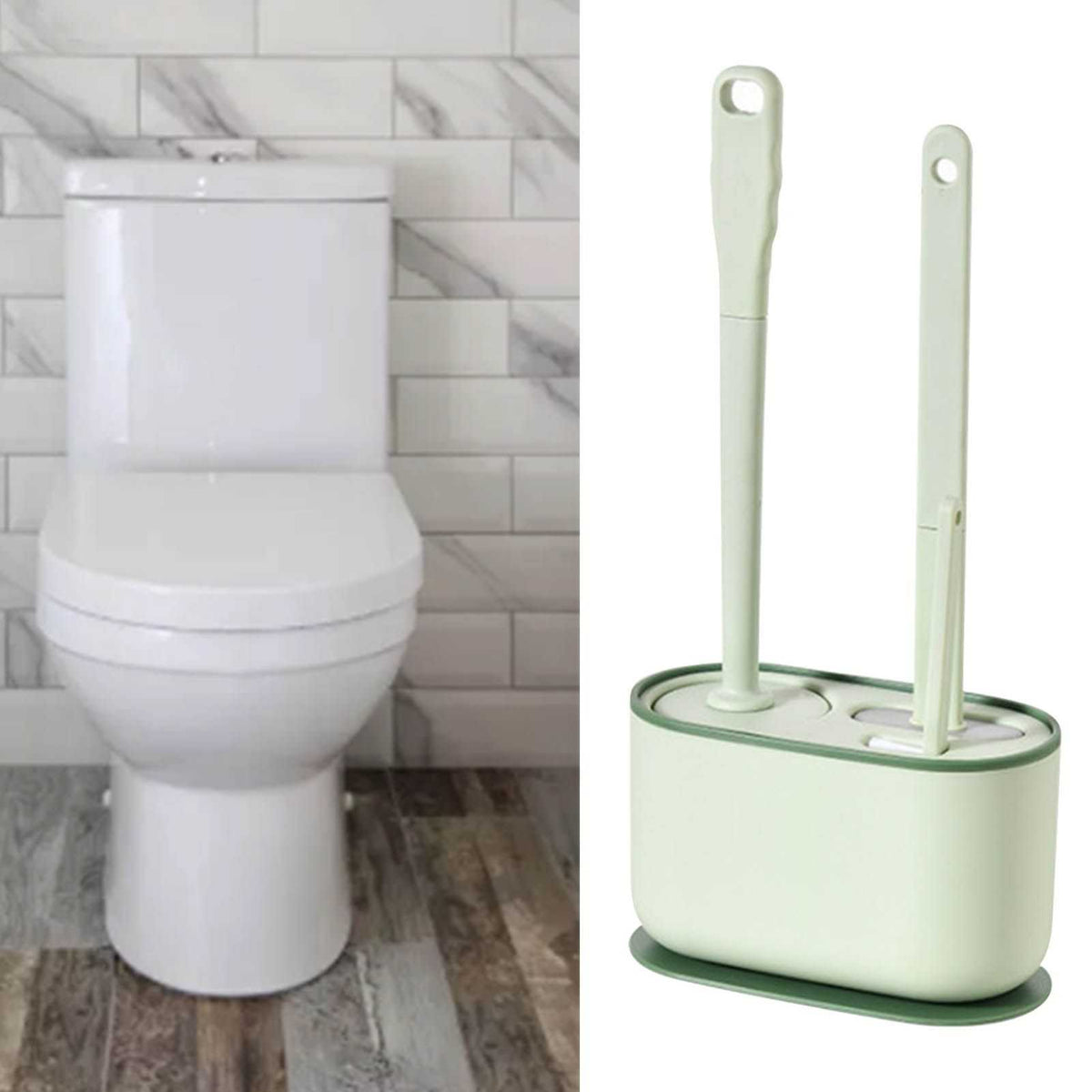 Long Handle Toilet Brush Set in pale green plastic, with rounded ventilated holder and two upright brushes