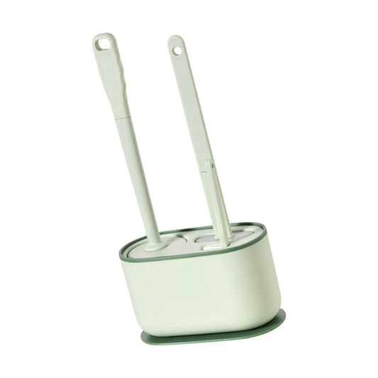 Long Handle Toilet Brush Set with two pale green plastic brush handles and a matching oval holder with dark green trim