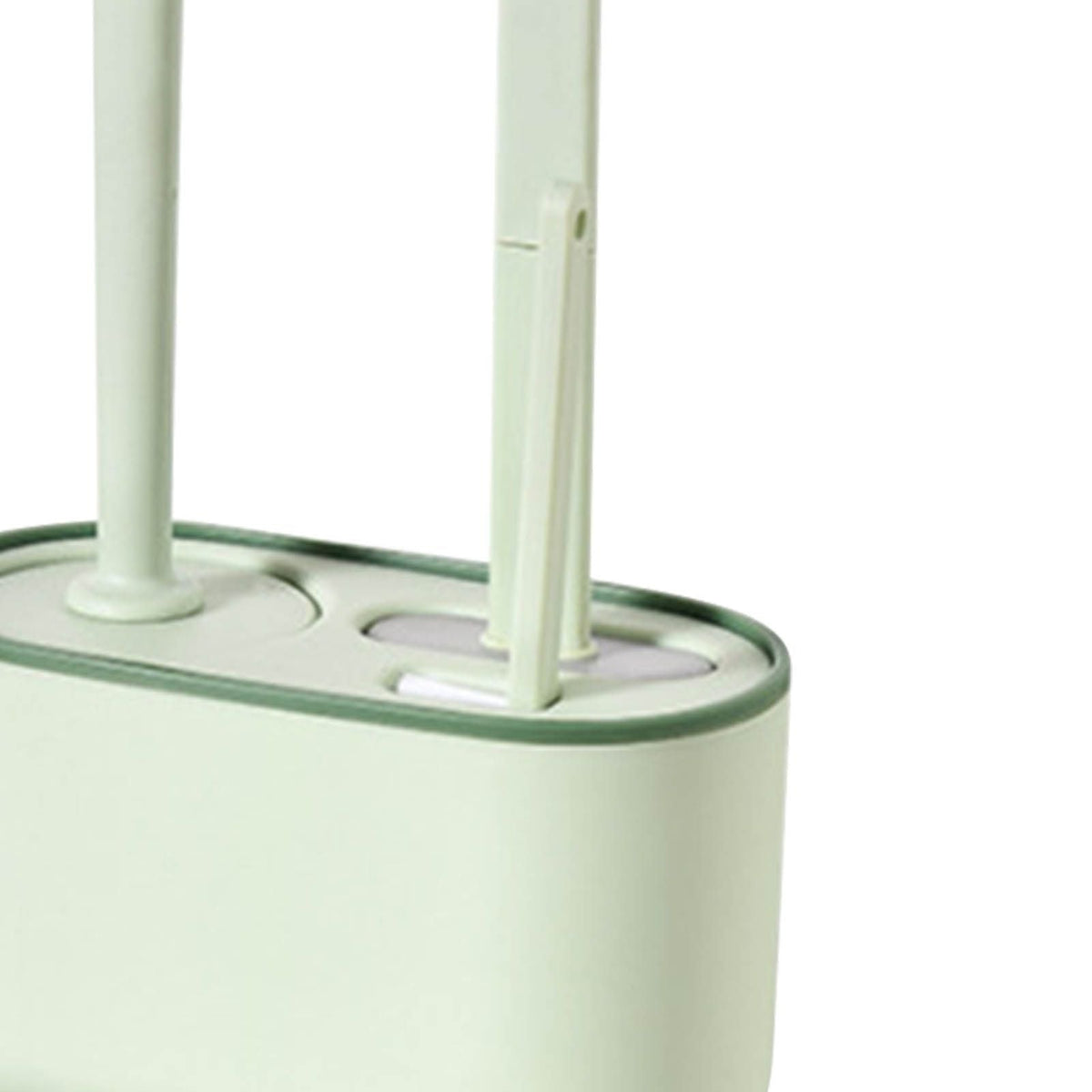 Long Handle Toilet Brush Set in pale green plastic with two upright brush handles and a slim oval holder