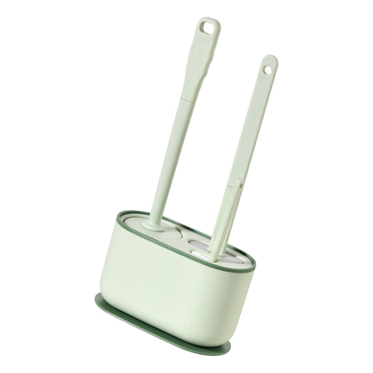 Long Handle Toilet Brush Set in pale green plastic, with two slim brushes and a rounded matching holder