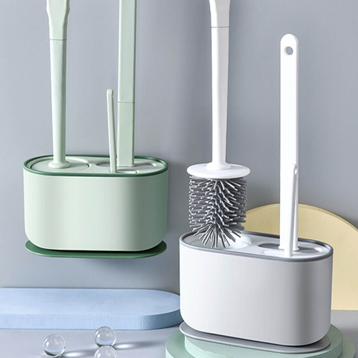 Long Handle Toilet Brush Set in pearl white plastic with a flexible bristled head and oval hanging holder