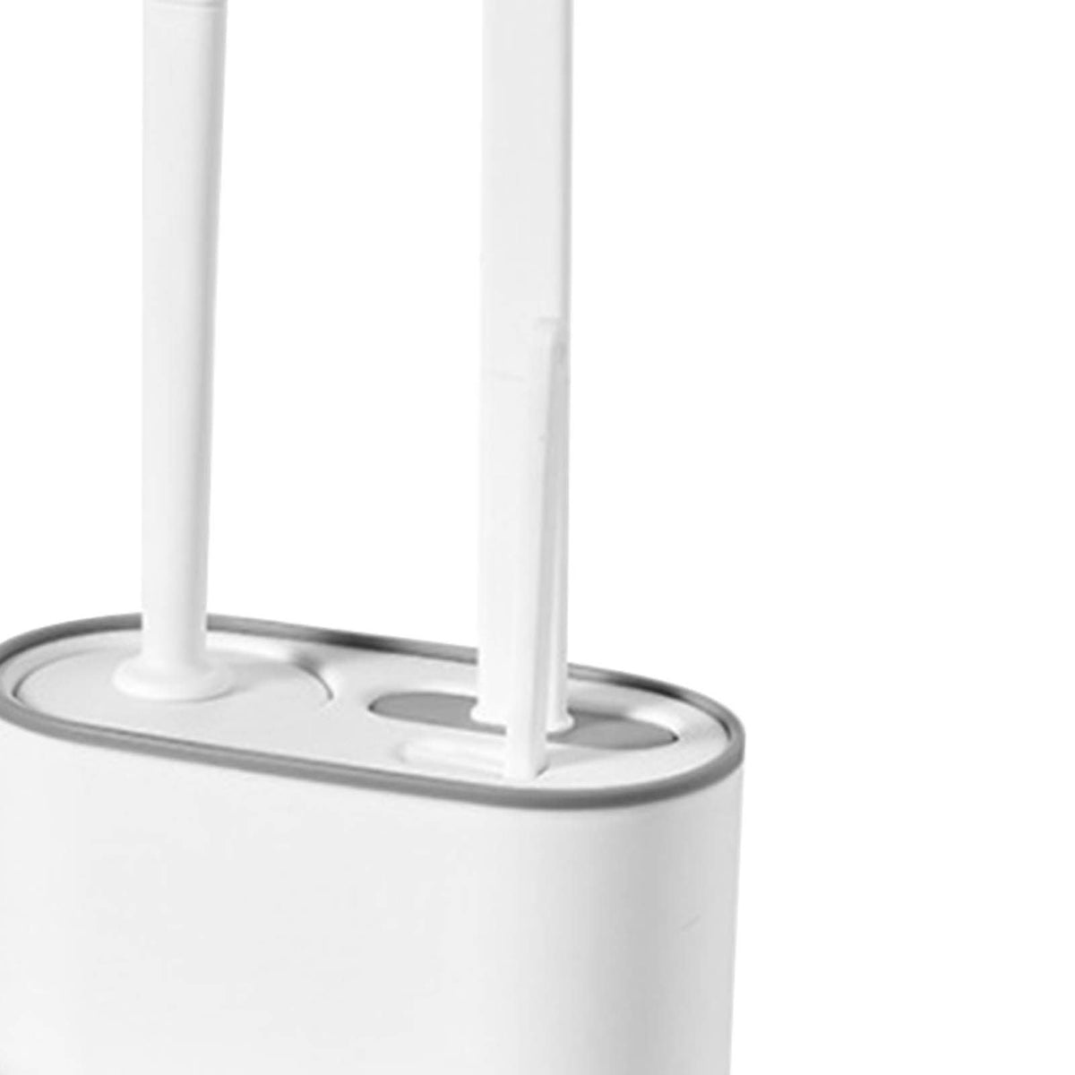 Long Handle Toilet Brush Set in pearl white plastic with two upright brush handles and a compact oval holder