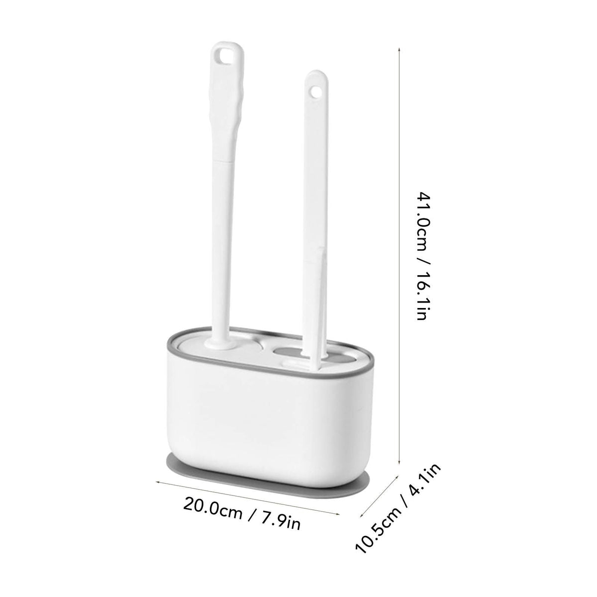 Long Handle Toilet Brush Set in pearl-white plastic with two upright brushes and a rounded holder with hanging loops.