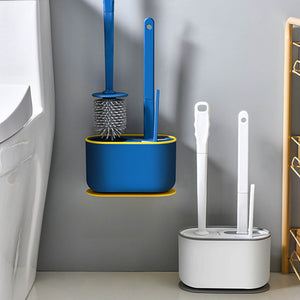 Long Handle Toilet Brush Set with white plastic holder and brushes, plus a blue set with yellow trim and bristles