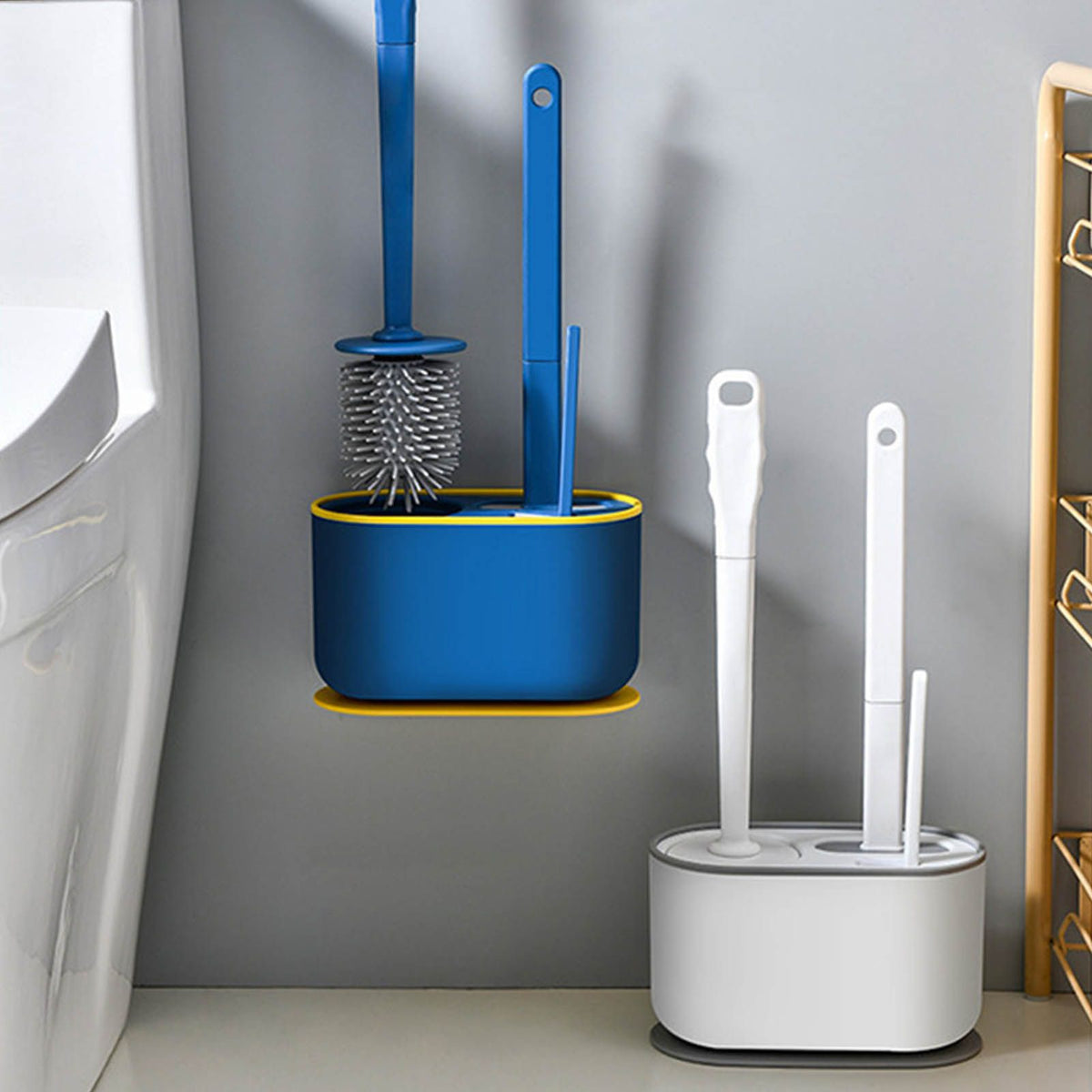 Long Handle Toilet Brush Set with white plastic holder and brushes, plus a blue set with yellow trim and bristles