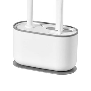 Long Handle Toilet Brush Set in white plastic with a dual brush holder, rounded rectangular base and gray trim