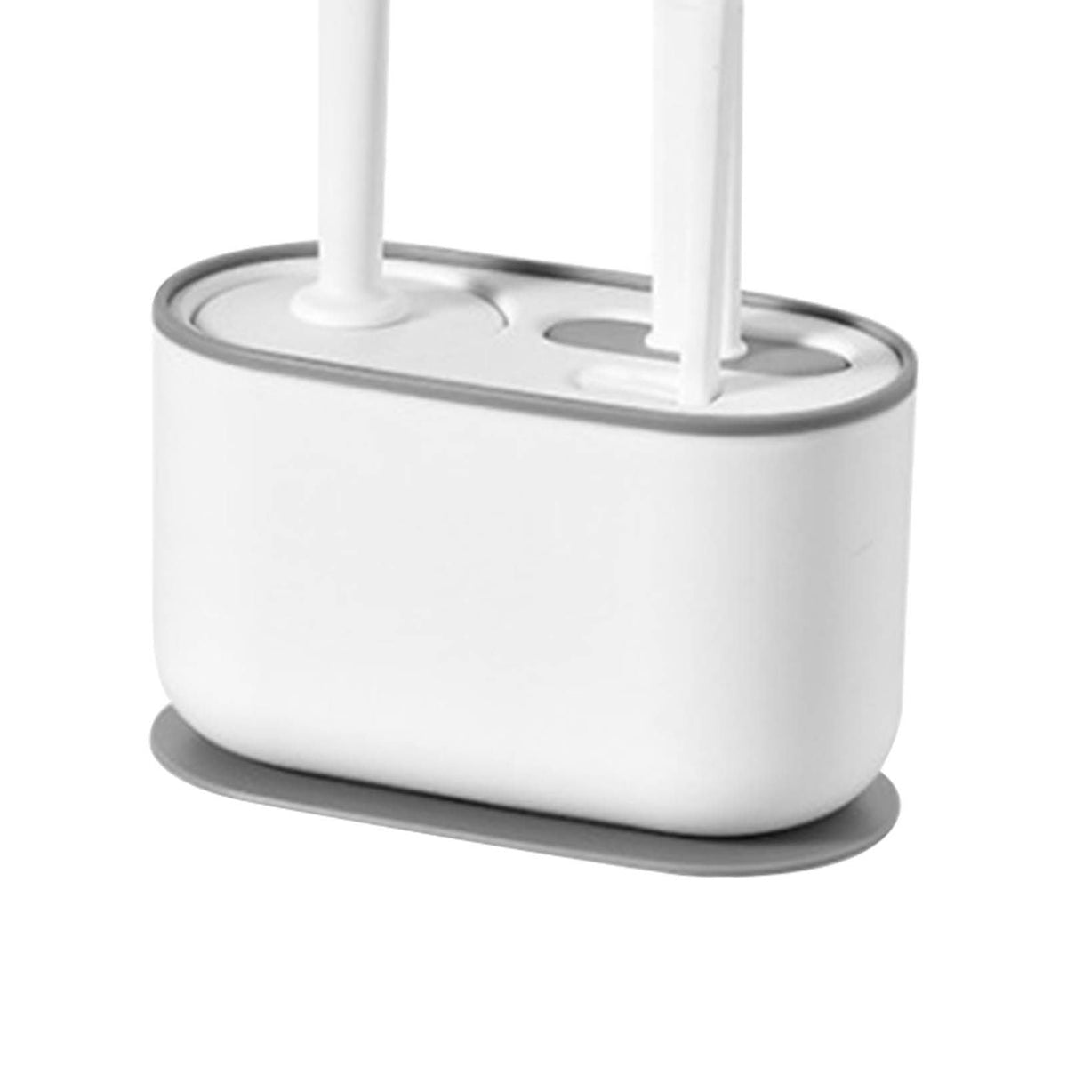 Long Handle Toilet Brush Set in white plastic with a dual brush holder, rounded rectangular base and gray trim