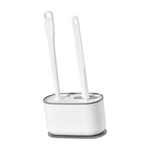 Long Handle Toilet Brush Set in white plastic, with two upright brushes in a rounded holder and grey trim