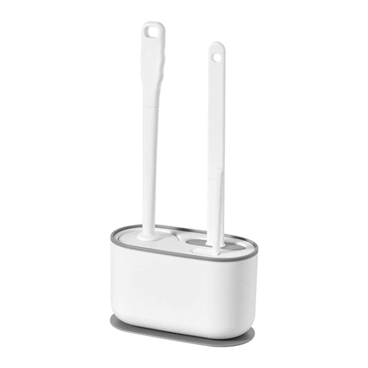 Long Handle Toilet Brush Set in white plastic with a rounded ventilated holder and two long-handled brushes