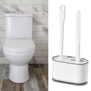 Long Handle Toilet Brush Set in white plastic with two upright brushes in a rounded holder with a grey base