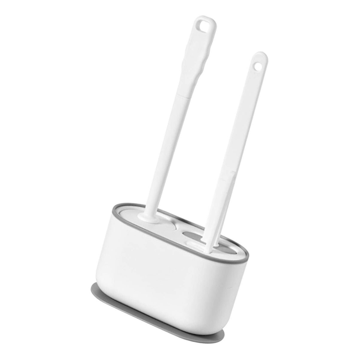 Long Handle Toilet Brush Set in white plastic, with two long-handled brushes and a rounded holder with gray trim
