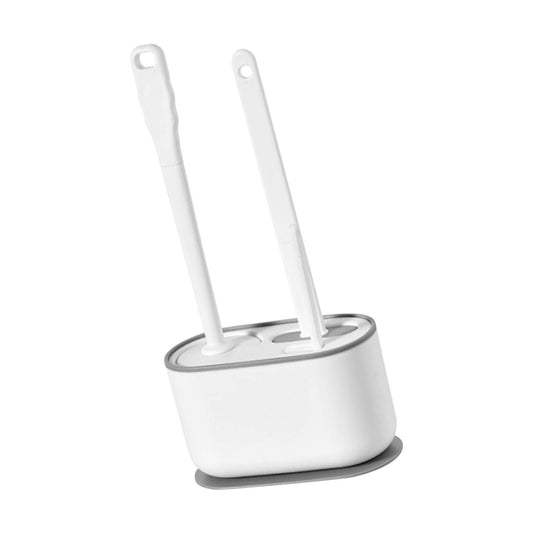 Long Handle Toilet Brush Set in white plastic, with a rounded ventilated holder and two long-handled brushes.