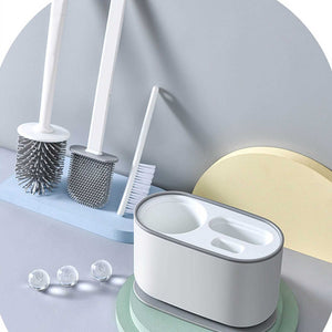 Long Handle Toilet Brush Set with white plastic handles, varied bristle heads and an oval ventilated holder