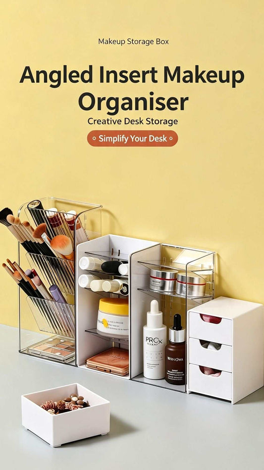 Low Profile Clear Storage Box, angled makeup organiser with clear dividers, brushes, cosmetics and white drawers