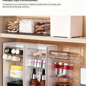 Low Profile Clear Storage Box organisers shown in transparent plastic with divided compartments, stocked with cosmetics and skincare