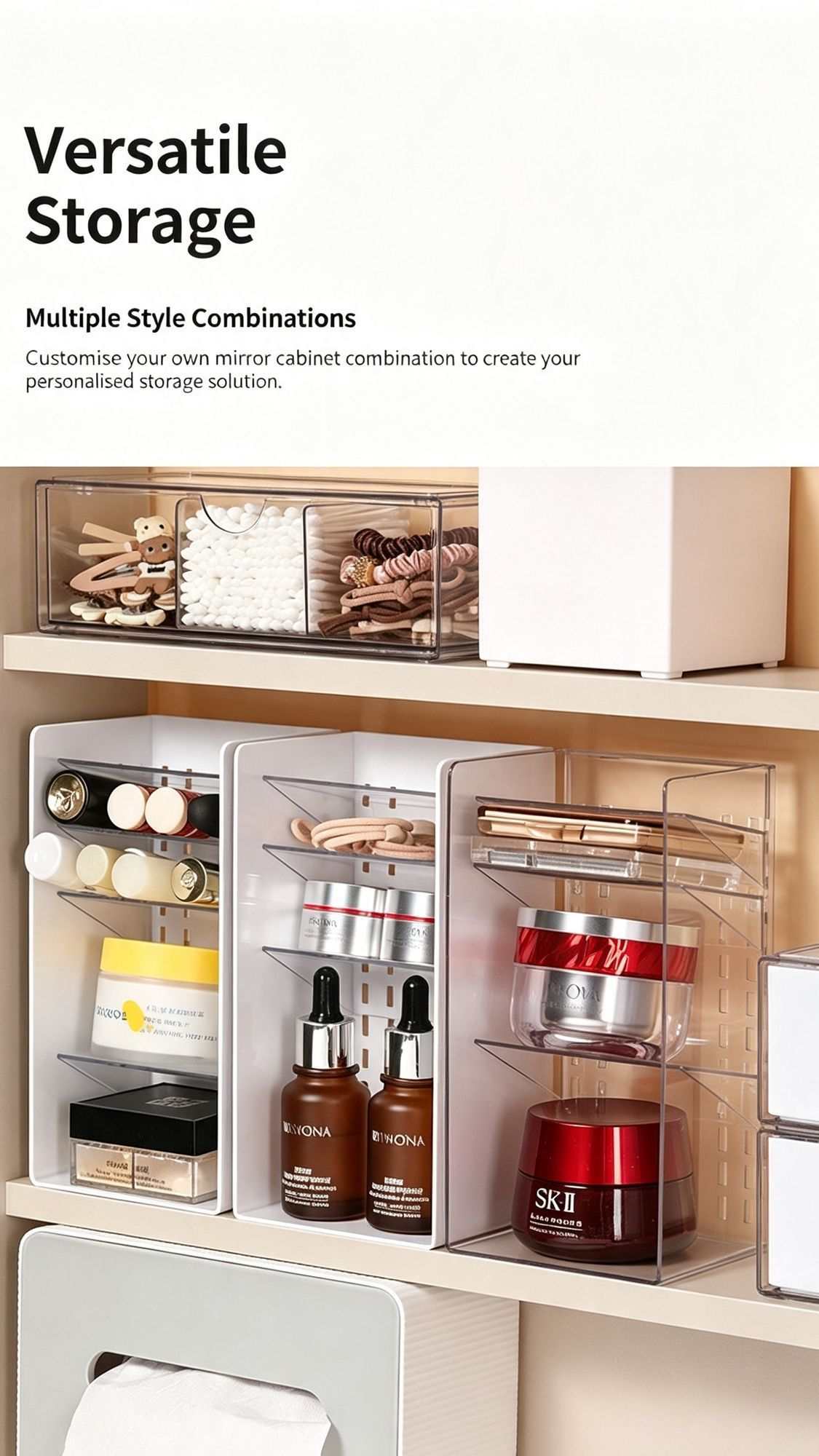 Low Profile Clear Storage Box organisers shown in transparent plastic with divided compartments, stocked with cosmetics and skincare