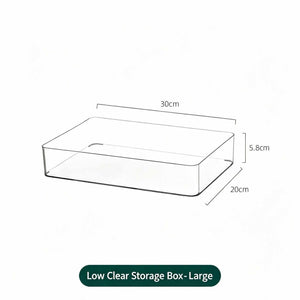 Low Profile Clear Storage Box, low rectangular transparent plastic organiser with a smooth open interior and rounded corners