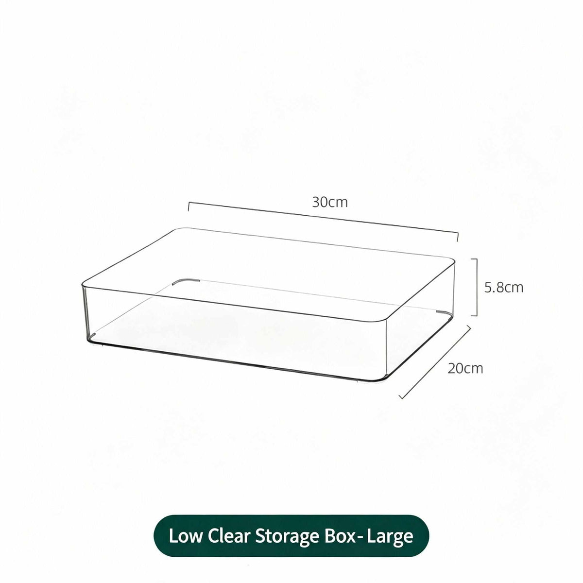 Low Profile Clear Storage Box, low rectangular transparent plastic organiser with a smooth open interior and rounded corners