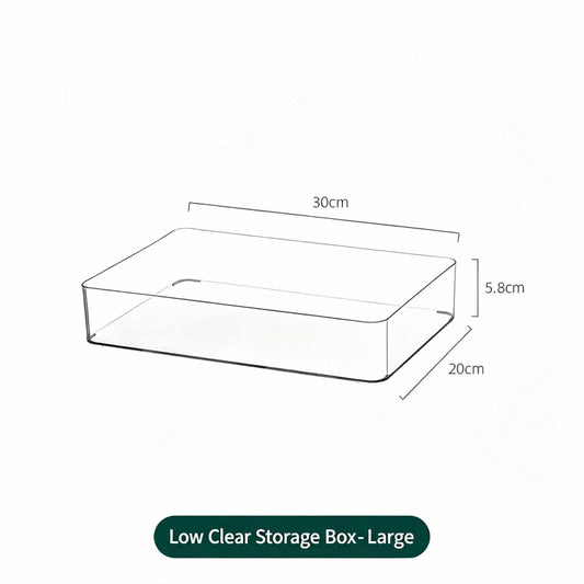 Low Profile Clear Storage Box, low rectangular transparent plastic organiser with a smooth open interior and rounded corners