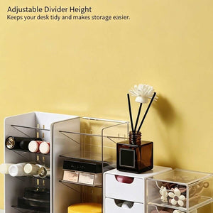 Low Profile Clear Storage Box organiser with transparent acrylic compartments, drawers and inward clip divider for cosmetics