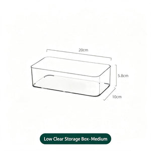 Low Profile Clear Storage Box in transparent PET, with a low rectangular shape, open top and smooth rounded corners