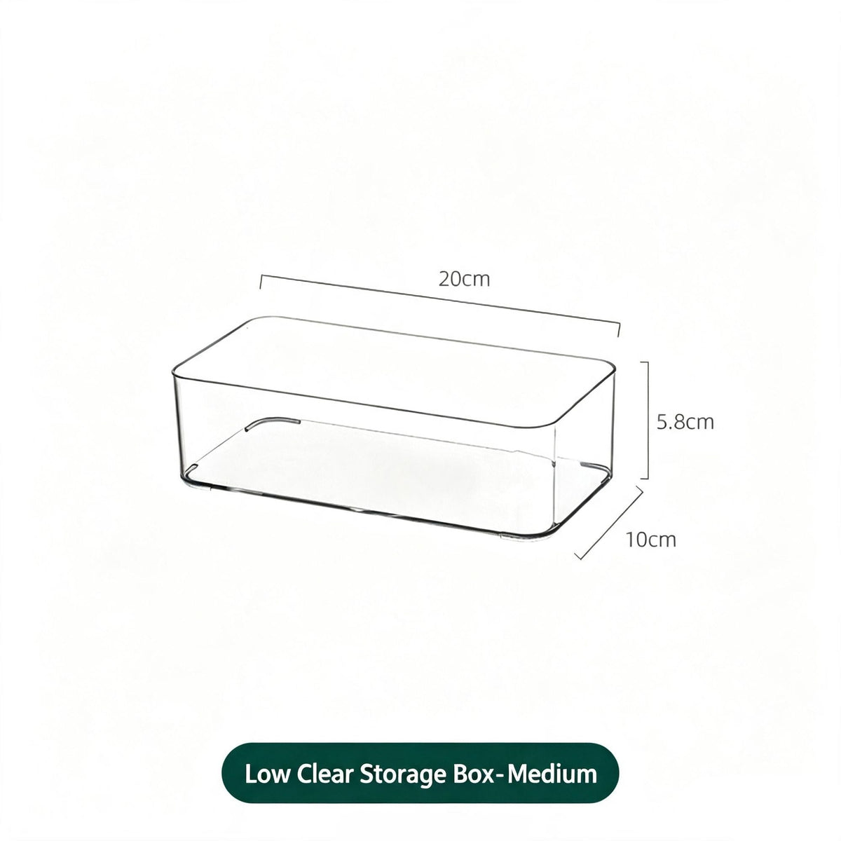 Low Profile Clear Storage Box in transparent PET, with a low rectangular shape, open top and smooth rounded corners