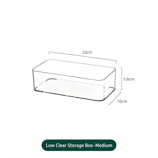 Low Profile Clear Storage Box in transparent PET, with a low rectangular shape, open top and smooth rounded corners