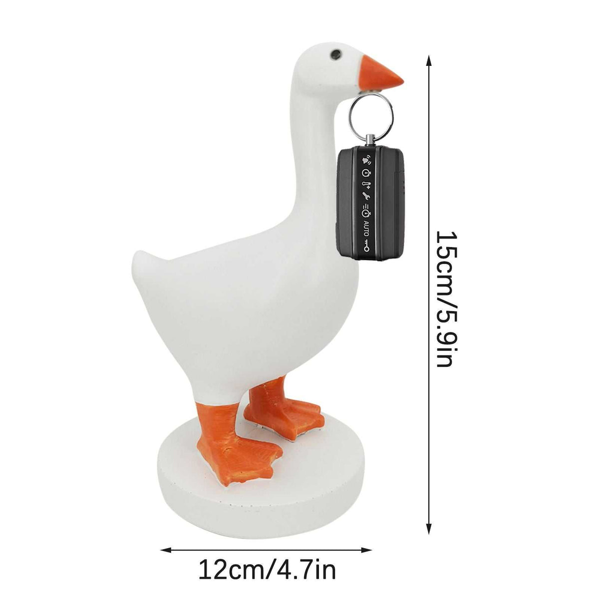 Magnetic Goose Key Holder in white resin with an orange beak and feet, holding a black key fob in its beak