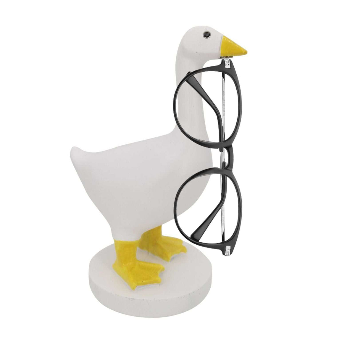 Magnetic Goose Key Holder in white resin with yellow beak and feet, holding black-framed glasses by its beak