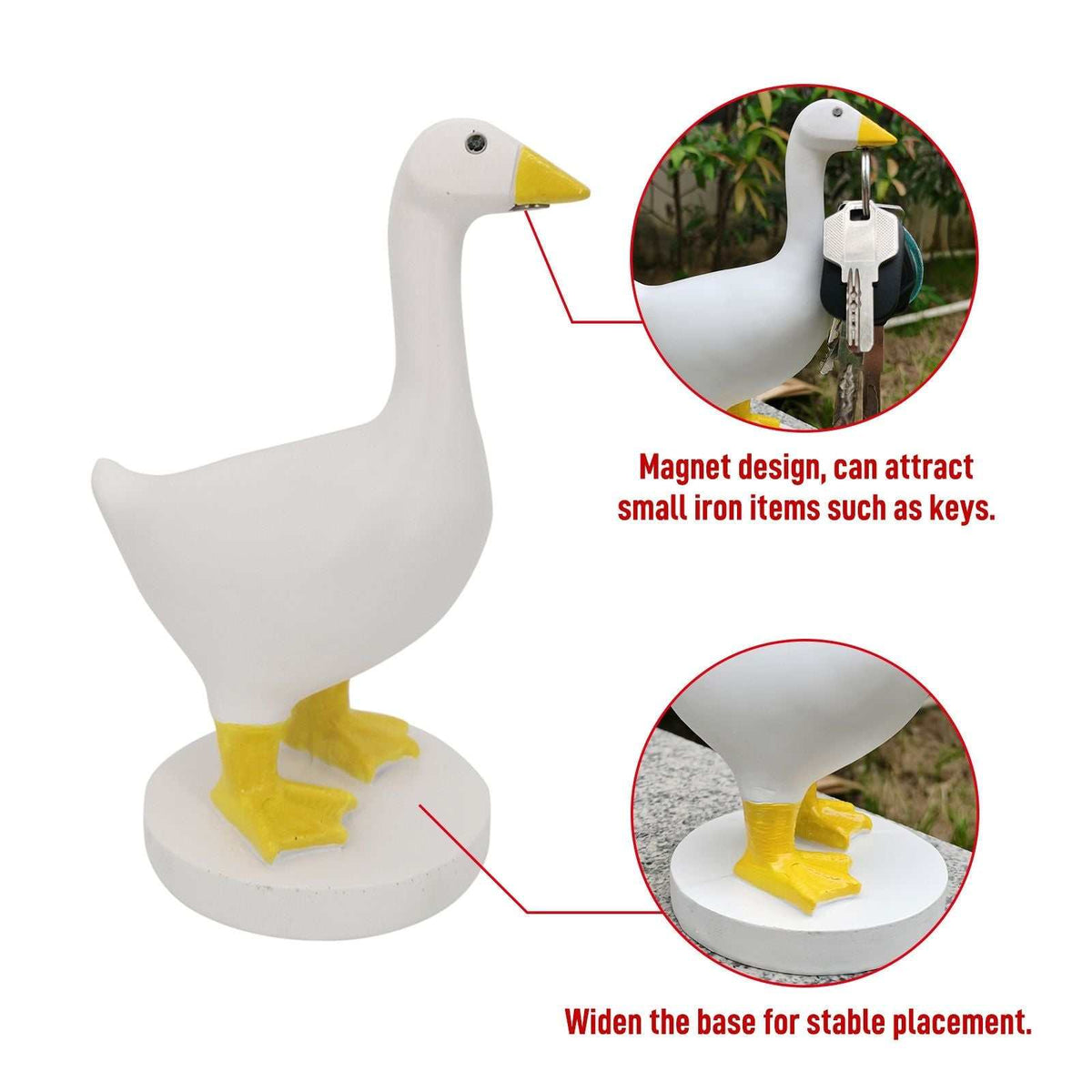 Magnetic Goose Key Holder in white resin with a yellow beak and feet, standing on a wide round base