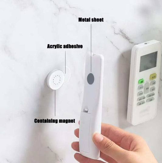 Magnetic Wall‑Mounted Bracket Kit with white adhesive holder, round metal disc and matching remote control