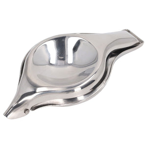 Manual Lemon Juicer in polished silver stainless steel, with a rounded pressing bowl and curved clamp handles