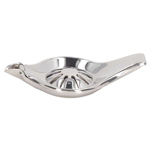 Manual Lemon Juicer in polished silver stainless steel with a hinged clamp handle and ridged bowl for pressing citrus