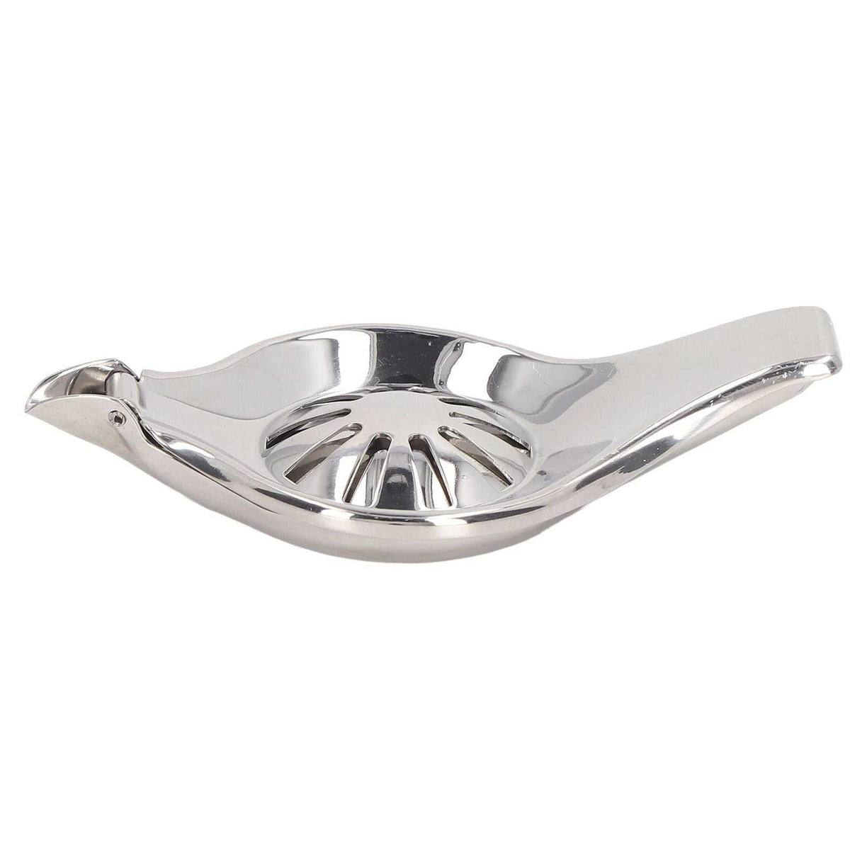 Manual Lemon Juicer in polished silver stainless steel with a hinged clamp handle and ridged bowl for pressing citrus